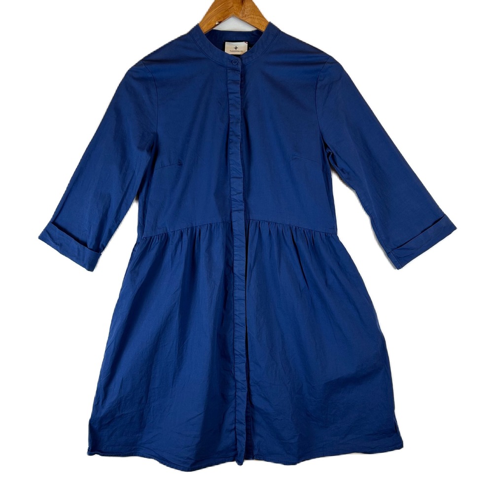 Tuckernuck Blue Cotton Poplin Mini Shirt Dress Womens Medium 3/4 Sleeve
